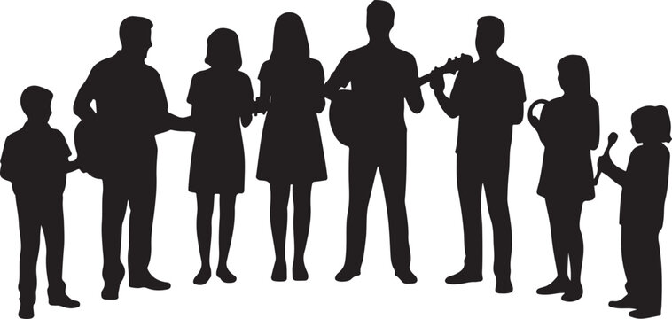 Silhouette of a family band playing musical instruments together, including guitar, tambourine, and maracas