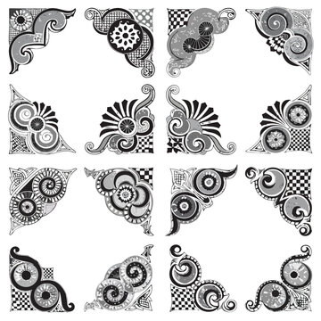 Vintage corner ornaments collection in black and white grayscale featuring baroque scrolls filigree flourishes and checkerboard patterns for classical frame decoration and borders vector set icons.