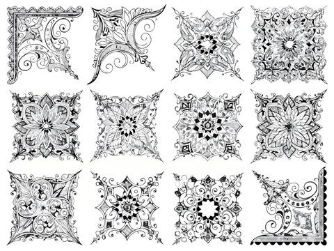 Elegant victorian corner frames and square mandalas set featuring intricate baroque filigree scrolls grayscale floral motifs and antique decorative flourishes for border design and invitations.