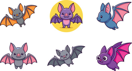 Fototapeta premium Collection of six cartoon bat illustrations with colorful wings, playful poses, and expressive characters for creative design projects