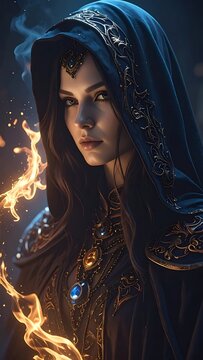A mystical woman in a hooded cloak conjures flames