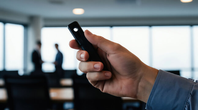 Hand holds presentation clicker pointer for business meeting or education lecture. Man uses modern wireless device with buttons for slideshow control. Speaker prepares for talk.