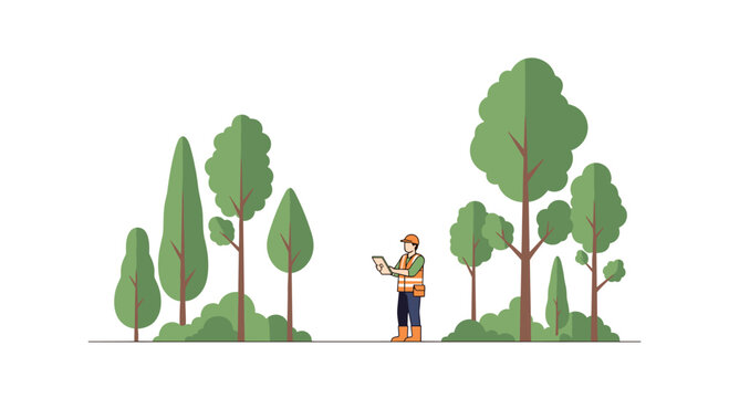 A forest surveyor wearing an orange reflective safety vest stands amidst a cluster of stylized green trees while consulting a portable digital tablet computer screen.