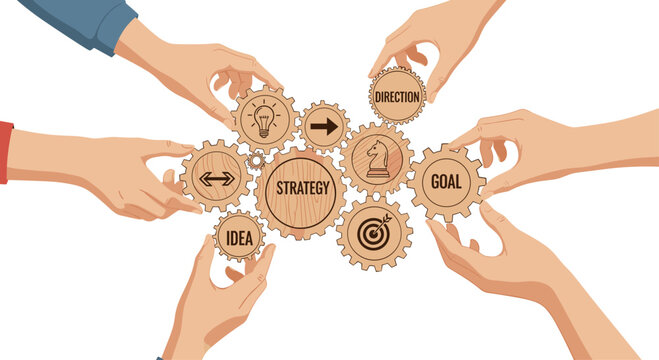 Several human hands reach inward to position and adjust a set of interconnected wooden gears that are labeled with specific business concepts like strategy and goal.