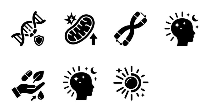 Science Icons Set: DNA, Mitochondria, Chromosomes, Brain, Health, Sun, Vector Graphics for Medical and Research Concepts