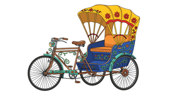 A vibrantly decorated blue and yellow cycle rickshaw with a red and floral canopy stands ready for passengers on a white background.
