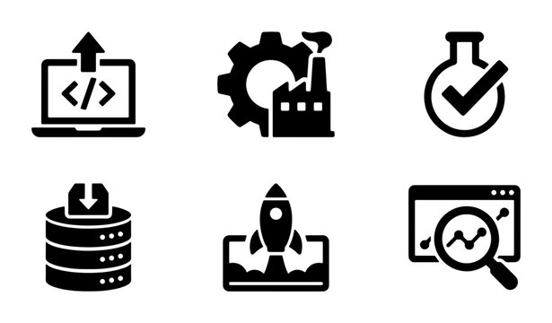 Modern Technology and Industry Icons: Coding, Manufacturing, Science, Data, Launch, Analytics. Vector Set for Digital and Business Concepts.