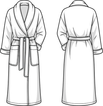 Bathrobe technical sketch, front and back view, shawl collar, belt tie, patch pockets, CAD drawing, flat vector illustration, fashion design