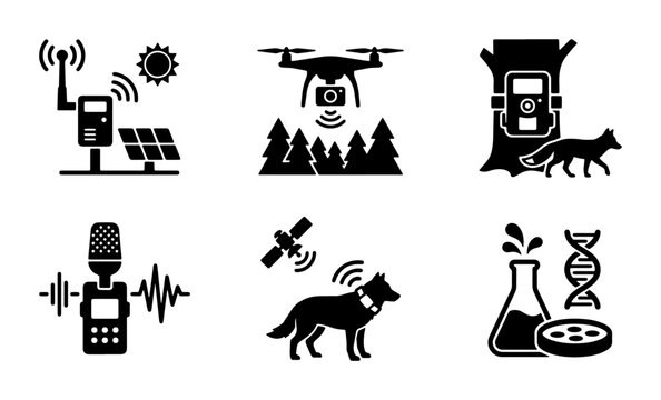 Wildlife Monitoring Technology Icons, Animal Tracking Gadgets, Remote Sensing Equipment, Scientific Research Tools, 6 Vector Elements