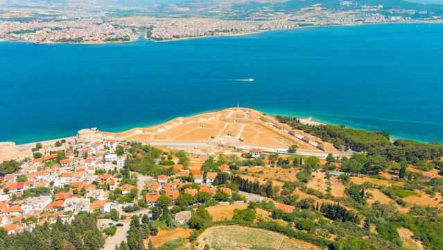 Kilitbahir, Turkey. Namazgah Bastion, the largest 19th-century coastal artillery battery, with the medieval Kilitbahir Castle in the background. Aerial view.