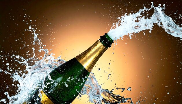 Champagne bottle exploding with liquid spray celebration