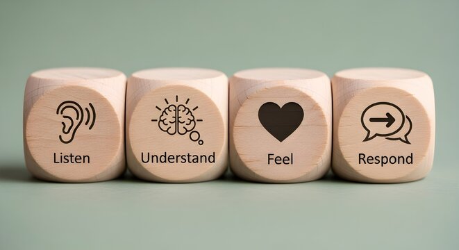 Four wooden cubes illustrate essential communication steps: listen, understand, feel, and respond.