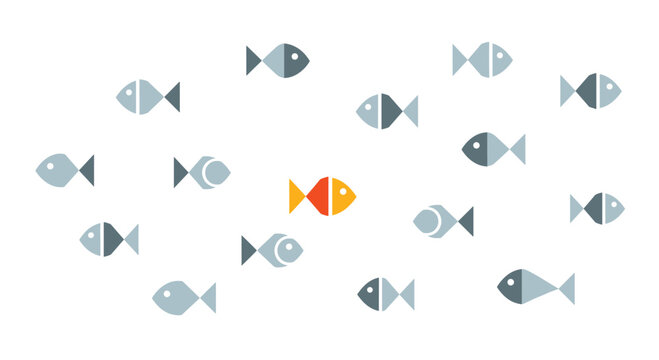 A single, brightly colored orange and yellow fish swims against the direction of a school of grey fish in a white expanse.
