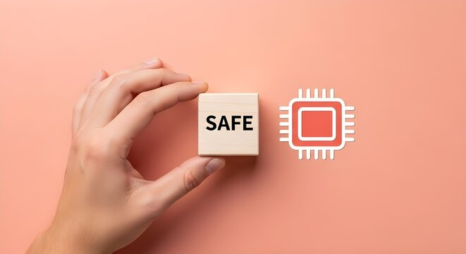 Hand holding wooden block with word safe near chip icon symbolizing security