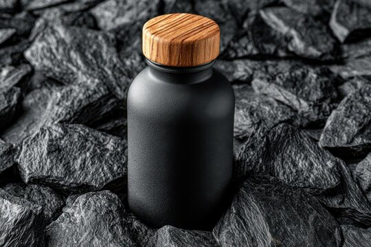 A matte black bottle with a wooden cap sits on a textured black rocky surface, creating a sleek, minimalist, and natural aesthetic.