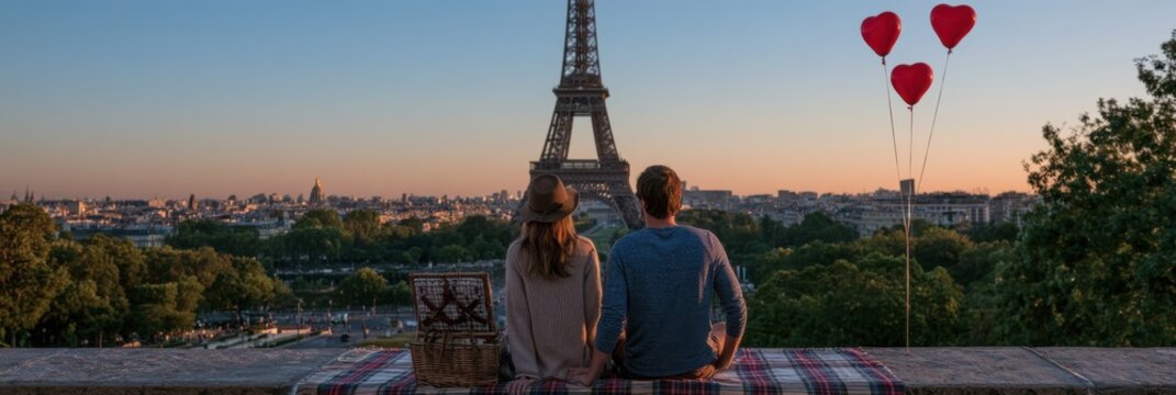 Romantic couple enjoying picnic with red heart balloons overlooking Eiffel Tower during Paris sunset for love and celebration