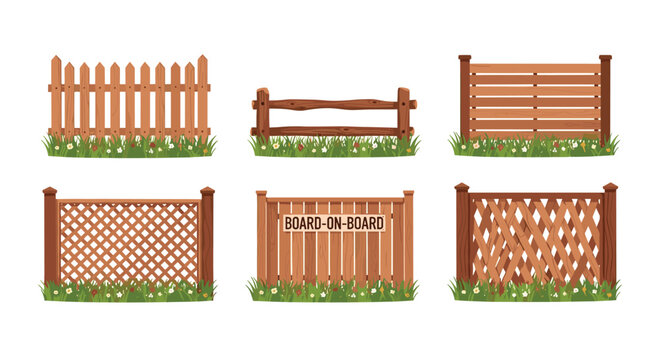 A collection of six different wooden garden fence designs featuring various styles and structures organized in a grid layout against a plain white studio background.