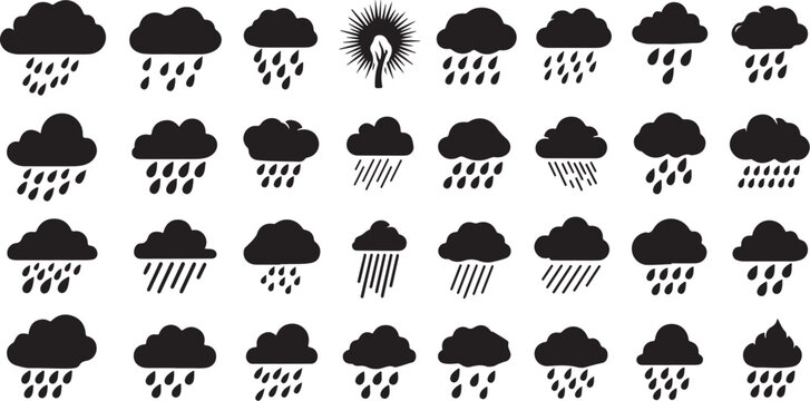 Set of hand drawn rain and cloud weather icons with forecast