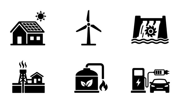 Renewable Energy Icons Set: Solar Power House, Wind Turbine, Hydro Dam, Oil Rig, Biofuel Plant, Electric Car Charging Station, Clean Energy Vector Graphics