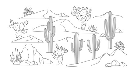 Obraz premium An intricate black and white line illustration depicts a dry desert environment featuring diverse cactus species, sculpted sand dunes, and a mountainous horizon.