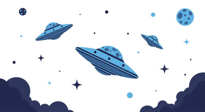 Three cartoon-like flying saucers with striped bodies and dome windows are depicted in a whimsical outer space scene with small planets and star accents.