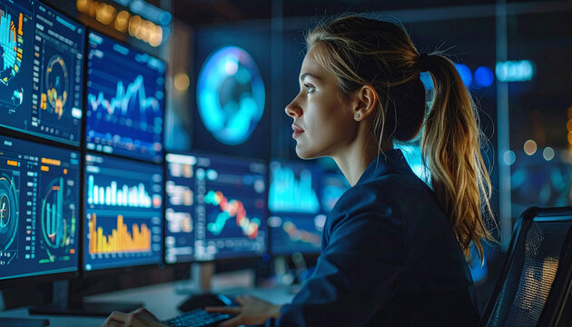 Data Analyst's Vigil: A focused analyst intently monitors multiple screens displaying real-time data visualizations in a dimly lit, high-tech control room environment.