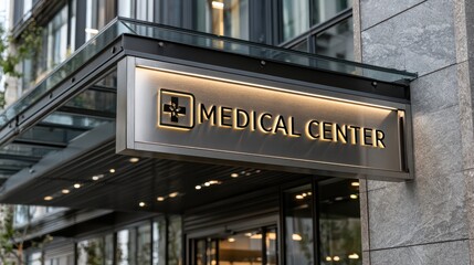 Fototapeta premium Modern medical center sign in gold lettering on a sleek metal canopy, attached to a glass and stone building exterior.