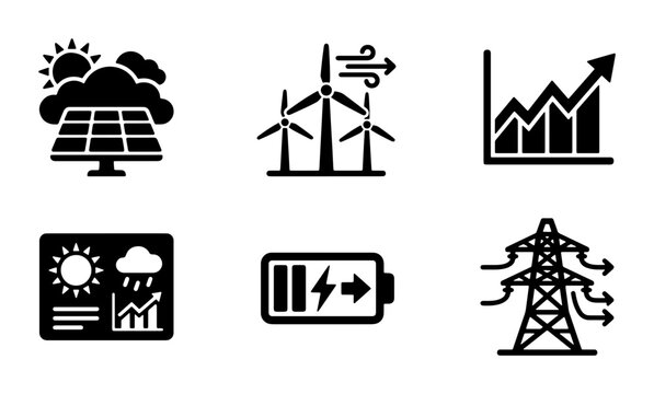 Renewable Energy Icons Set: Solar Power, Wind Turbines, Battery Storage, Electricity Grid, Climate Data, Financial Growth Chart, Clean Power Solutions