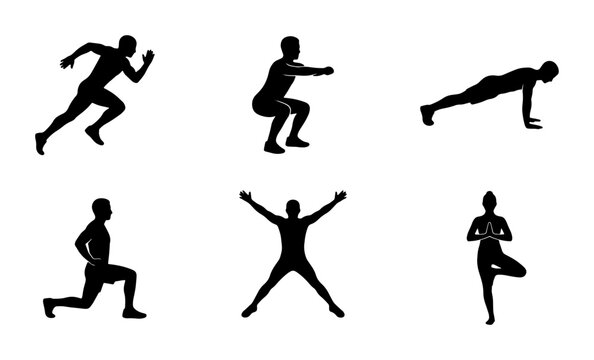 Fitness Silhouette Set: Running, Squat, Plank, Lunge, Jumping Jack, Yoga Pose Vector Icons for Health and Wellness Graphics