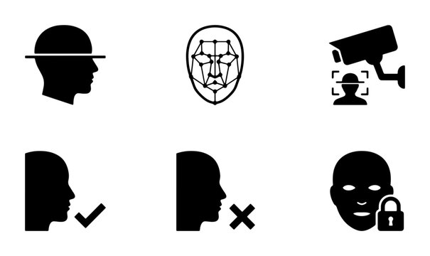 Facial Recognition Icons Set, Biometric Security Symbols, Face Scan Technology, Surveillance Camera, Privacy Protection, Identity Verification, Access Control, Vector Graphics