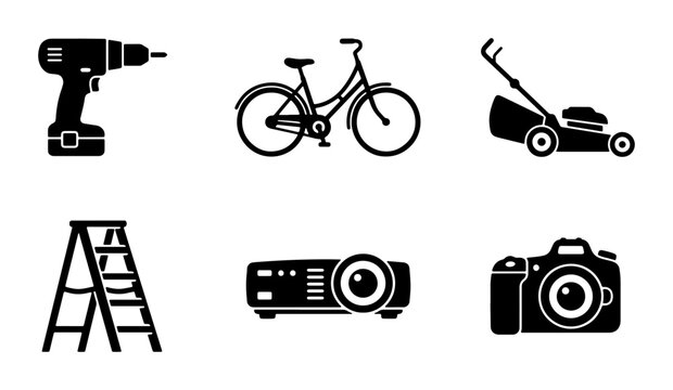 Vector Icons Set: Power Drill, Bicycle, Lawn Mower, Ladder, Projector, Camera. Tools, Equipment, Gadgets Collection for DIY, Home, Business, Technology