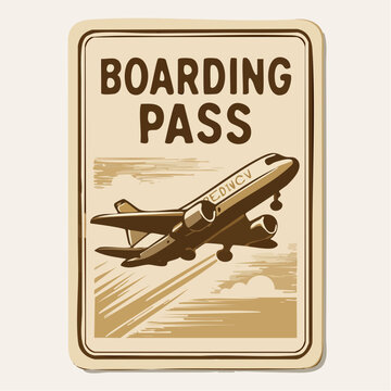 Vintage-style boarding pass ticket with airplane taking off, sepia-toned travel document, retro air travel concept with classic aircraft in motion.