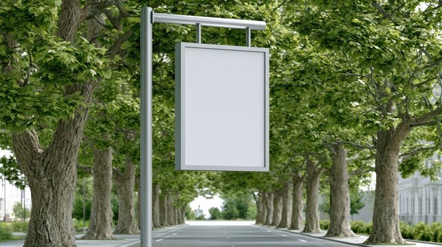 A blank vertical signboard stands on a tree-lined pathway, surrounded by lush green foliage, ready for custom advertising or informational content.