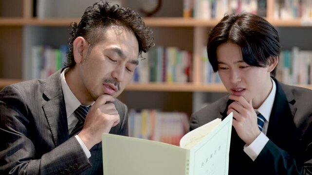 本棚のある社長室で資料を見ながら相談、ビジネスマンの打ち合わせ　決算報告などの会計士や士業のイメージ困る考える悩むイメージ「m＆aしたいけど粉飾決算&hellip;？」の動画