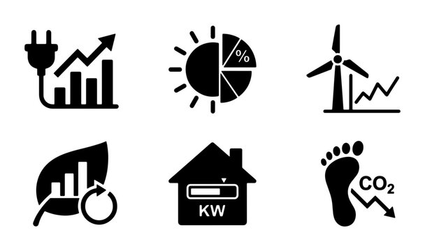 Energy Efficiency Icons, Renewable Power Symbols, Sustainable Development Graphics, Eco-Friendly Technology Set