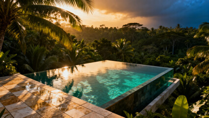 Obraz premium Luxurious infinity pool at sunset amidst lush tropical rainforest, reflecting golden hour sky and verdant foliage