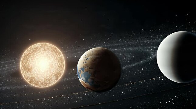 Celestial bodies illustration Sun, Planet, and Moon in space with starry background