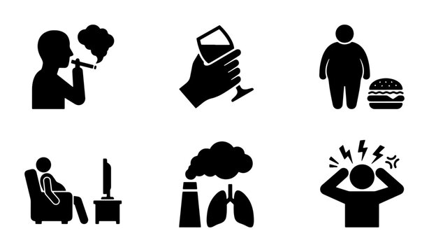 Unhealthy Lifestyle Icons: Smoking, Alcohol, Obesity, Sedentary, Pollution, Stress, Vector Set