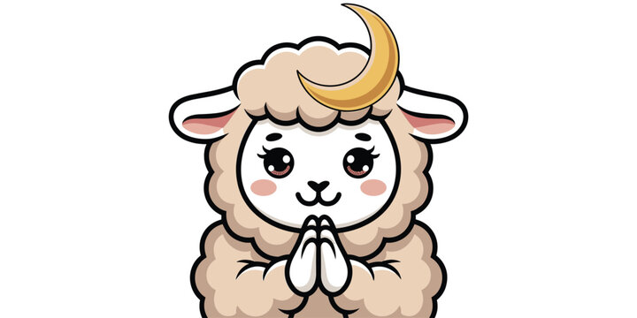 A cute cartoon sheep with a golden crescent moon above its head, shown in a peaceful prayer pose for Eid al-Adha