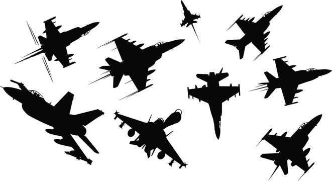 Military fighter jet silhouettes set featuring various supersonic aircraft warplanes air force icons isolated on white background for design.