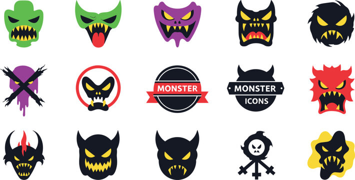 Scary Monster Face And Horror Mascot Vector Illustration Set
