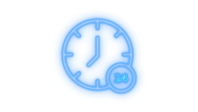 Glowing neon 24 hours service clock icon isolated on transparent background. Open around the clock. Time management. Customer support. Day and night availability.
