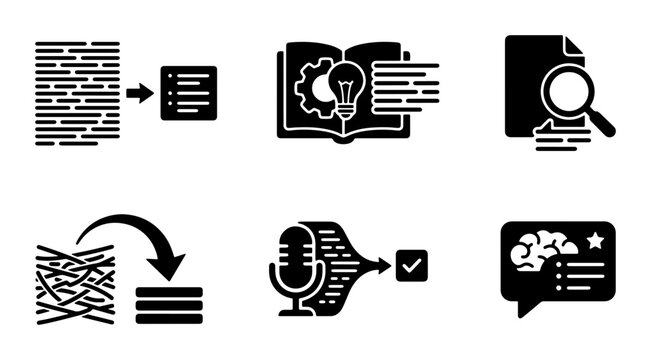 Data Analysis Icons, Research Symbols, Information Processing Graphics, Knowledge Acquisition Concepts, Vector Set