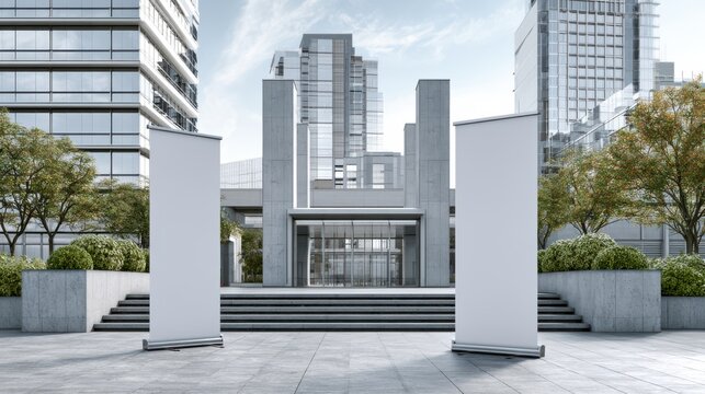 Modern urban plaza with tall office buildings, concrete planters, trees, and two blank vertical banners in the foreground on a paved walkway.