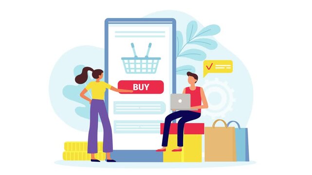 Online shopping concept with woman pointing to buy button on large smartphone screen and man sitting with laptop and shopping bags