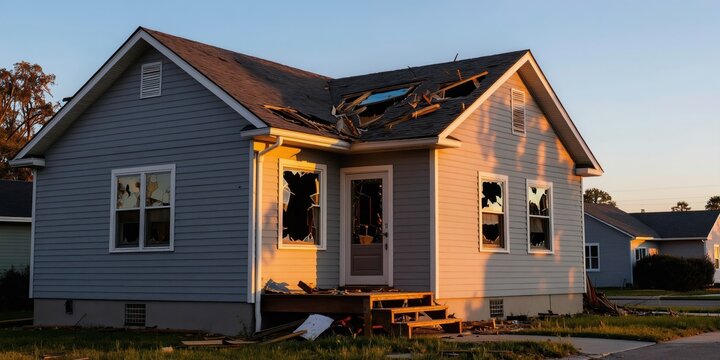 Home sustained storm damage. Broken windows and missing roof shingles show destruction. Debris lit by setting sun. Evening light reveals damaged residential building after severe weather event.