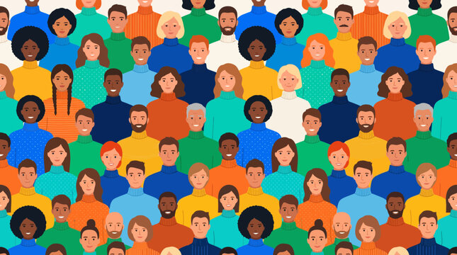 Vibrant illustrated diverse crowd of multicultural people in colorful portrait collages, ideal for inclusive branding and community storytelling.