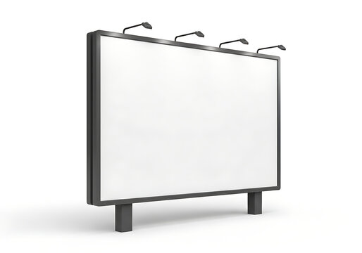 Isolated rectangular outdoor advertising billboard with blank screen and overhead spotlights, empty signage for branding, marketing mockup