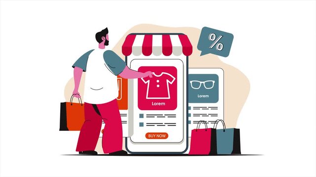 Man shopping online with phone and shopping bags in modern retail environment