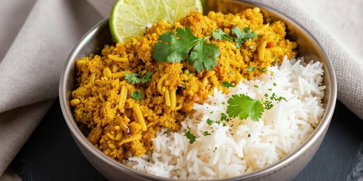 Golden dhal curry with fluffy white rice served in metal bowl. Fresh cilantro and lime wedge garnish. Simple, hearty, flavorful Indian meal.